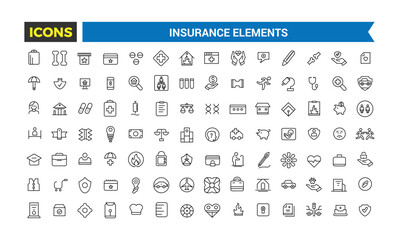 Insurance Elements Thin Line Web Icon Set, Outline Icons Collection, Icon collection. Editable vector illustration.