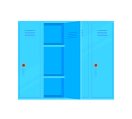 Open school lockers. Opened door locker highschool hallway, student closets for safety storage college contents books backpack,