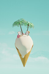 Summer tropical beach on ice cream. Beach chairs, umbrellas, palms and rubber flamingo on sand. Summer travel and food concept. 3d render - 800270238