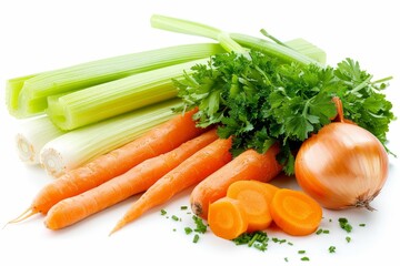 Mirepoix vegetable broth ingredients carrots onion leeks celery parsley on white