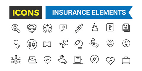 Insurance Elements Thin Line Web Icon Set, Outline Icons Collection, Icon collection. Editable vector illustration.