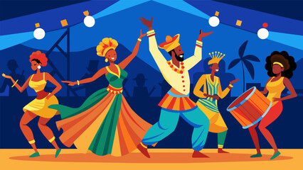 A vibrant dance performance takes place on stage as dancers dressed in colorful Africaninspired attire move to the rhythms of traditional drums. Vector illustration