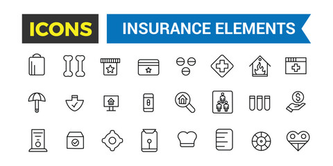 Insurance Elements Thin Line Web Icon Set, Outline Icons Collection, Icon collection. Editable vector illustration.