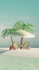 Empty summer tropical beach with coconut palms, beach chairs, umbrella and sun accessories. Summer travel concept. 3d render. Front view - 800270409