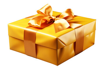 Angle light yellow color gift box satin bow gold ribbon isolated on cut out PNG or transparent background. Festive holiday Christmas, happy new years, birthday. Festival special time.