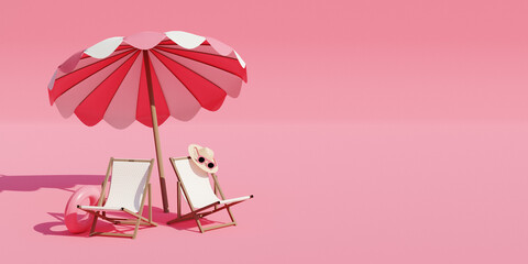 Beach chairs, umbrella and sun accessories on pink background. Summer travel concept. 3d render - 800270474