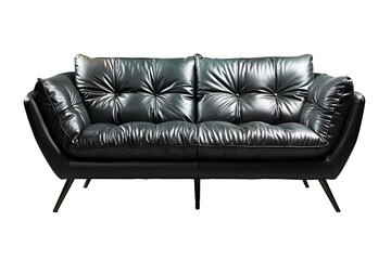 Modern empty dark black leather sofa isolated on cut out PNG or transparent background. Decoration in living room or drawing room. Modern interior by furniture decor.