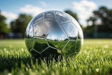 Silberner Fußball auf dem Rasen - obrazy, fototapety, plakaty