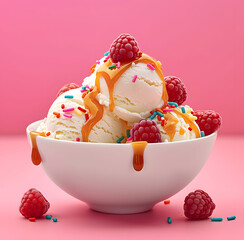 Bowl of ice cream with sprinkles and raspberries, drizzled in caramel sauce