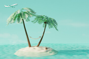 Summer tropical island with coconut palms and hammock on sand and airplane in sky. Summer travel concept. 3d render - 800270652