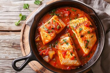 Modern design cast iron roasting dish with traditional Brazilian fish stew moqueca baiana featuring fish filet in tomato sauce