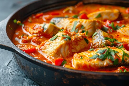 Modern design cast iron dish with traditional Brazilian fish stew moqueca baiana