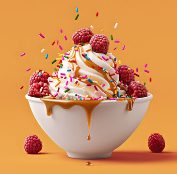 Bowl of ice cream with sprinkles and raspberries, drizzled in caramel sauce