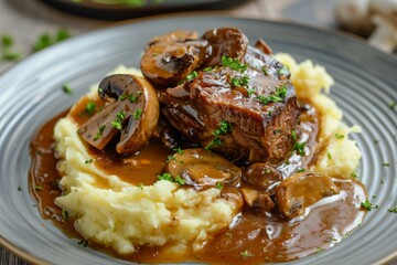 Modern plate featuring traditional German pork cheeks in brown sauce mushrooms and mashed potatoes