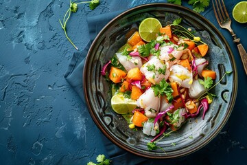 Modern presentation of classic Peruvian ceviche with sea bass sweet potatoes and cancha in lime sauce