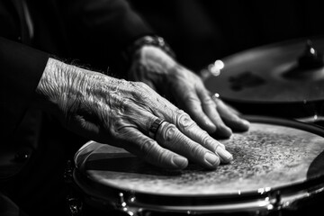 Monochrome photo of man playing tambourine and drums in jazz band