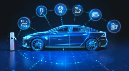 Blue digital car vehicle with EV icons
