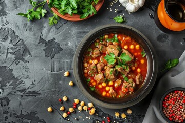 Moroccan Harira Soup in black bowl on grey table Ramadan Iftar dish with lamb or beef chickpeas lentils tomatoes cilantro