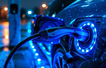 Electric car charging with a blue glow vehicle charging cable sustainable energy