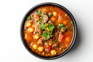 Moroccan Harira Soup in black bowl with lamb or beef chickpeas lentils tomatoes and cilantro Ramadan Iftar Food