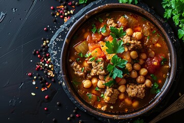 Moroccan harira soup with meat chickpeas lentils tomatoes and spices Served during Ramadan Exotic dish on dark background