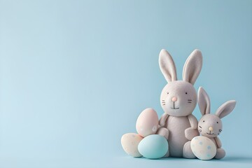 Obraz premium Pastel eggs and an Easter bunny family set against a blue background. Concept Easter Photoshoot, Pastel Colors, Easter Bunny, Spring Photography, Blue Background