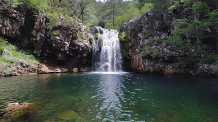 A powerful waterfall cascading down into a vast lake, creating a stunning display of natures force and beauty. The water crashes into the lakes surface, creating ripples and mist in the air.