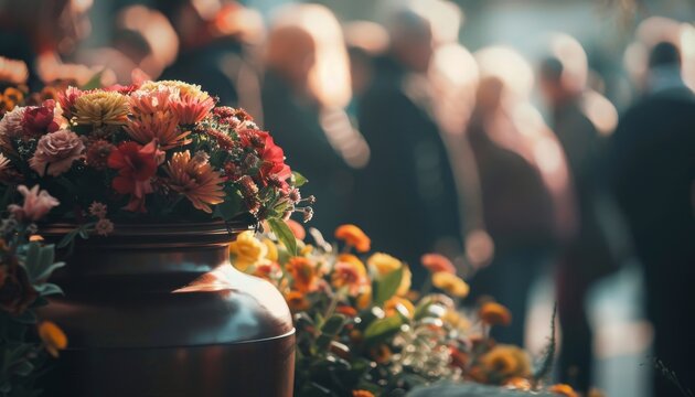 Mourning people gather around a flower adorned burial urn bidding a sad farewell to the deceased at a memorial service