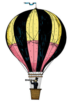 recommend clip art: Gentleman looks in telescope in a basket of air balloon. Vintage aerostat transport color sketch engraving PNG illustration. Scratch board style imitation. Black and white hand drawn image.