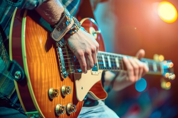Obraz premium Musician plays electric guitar solo Close up shot