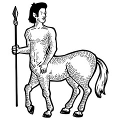 Centaur myth creature sketch engraving PNG illustration. Scratch board style imitation. Black and white hand drawn image.