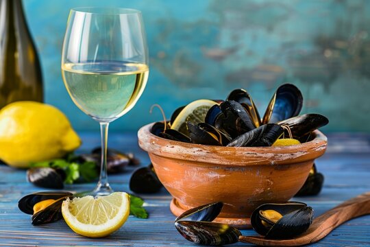 Mussels in bowl with white wine and lemon on blue wood