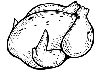Roast turkey chicken meat food sketch engraving PNG illustration. Scratch board style imitation. Black and white hand drawn image.