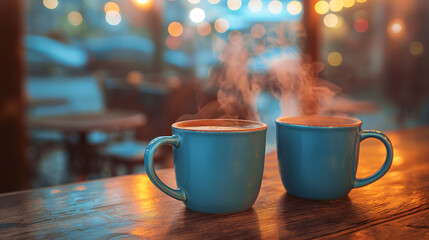Steaming cups of coffee in the fresh air of an outdoor cafe setting