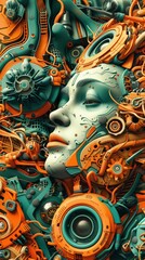A woman's face is covered in machinery and wires. The image is a work of art that combines elements of science fiction and surrealism.
