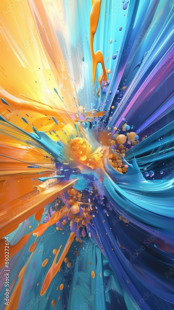 Poster a colorful explosion of paint splatters in the air. the colors are bright and vibrant, creating a se