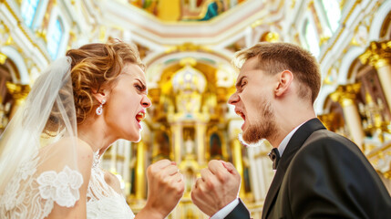 Argument and mutual accusations during wedding ceremony - obrazy, fototapety, plakaty