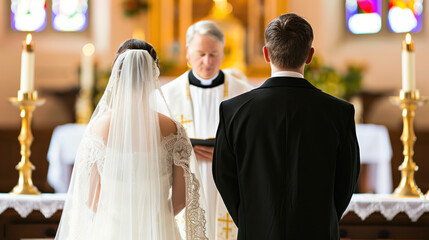 Bride and groom saying vows at wedding ceremony in church