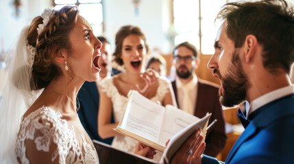 Argument and mutual accusations of cheating during wedding ceremony leading to marriage annulment - obrazy, fototapety, plakaty