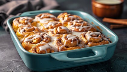 Newly made cinnamon rolls with white icing in a blue pan