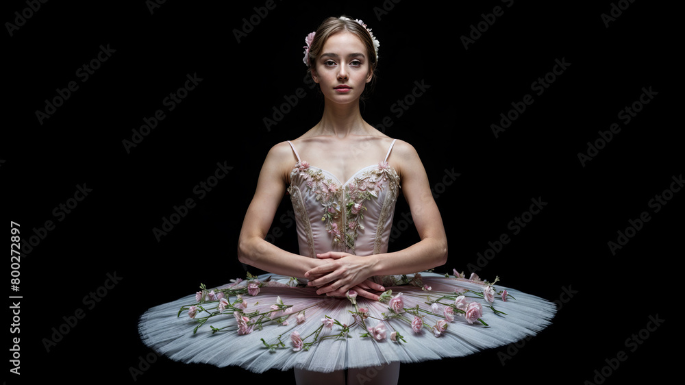 Wall mural portrait of a dancing ballerina in in a dress with roses created with Generative AI technology