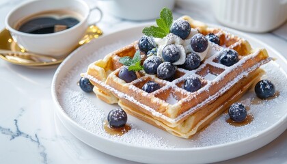 Newly prepared waffles with coffee blueberries cream breakfast idea on white marble table Sprinkled with powdered sugar Natural lighting focused