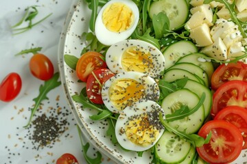 Nourishing avocado salad with eggs tomato cucumber cheese arugula and chia seeds on a light plate Top view