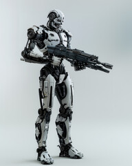 Metal cyborg with blaster on gray background