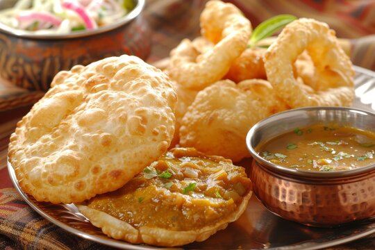 North Indian cuisine featuring puri masala and potato curry a vegetarian meal