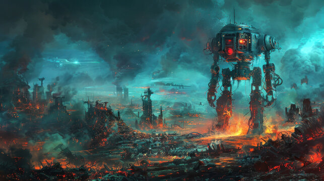 Metal terminator robots in destroyed town, apocalyptic scene