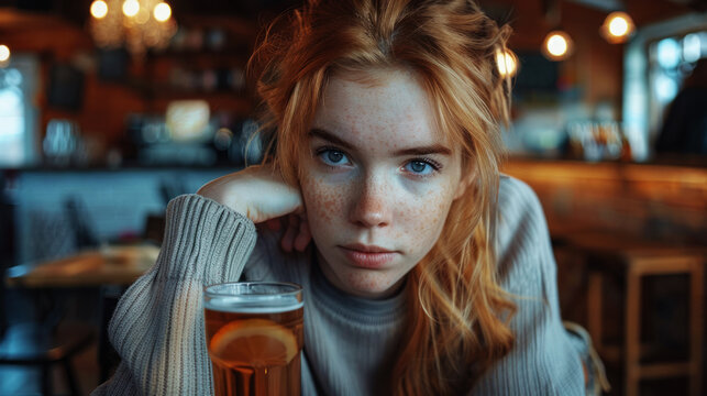 Sad depressed young woman drinking in a bar