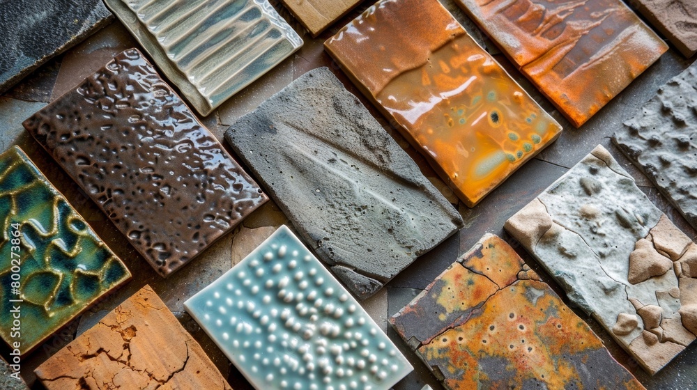 Poster a collection of textured ceramic tiles are laid out on a table showcasing the many possibilities and
