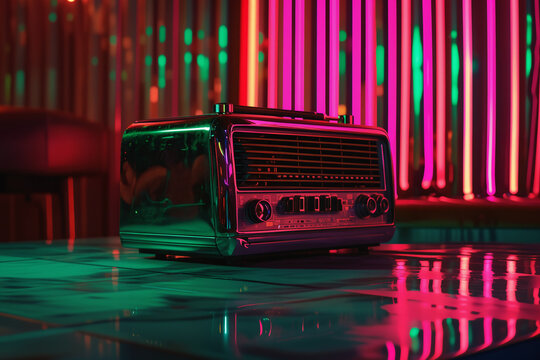 Vintage radio on top of a table in a cafe, cyberpunk style. Abstract  old radio on the table.