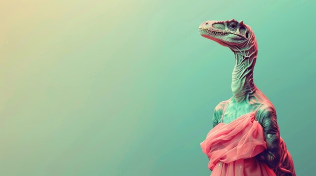 A dinosaur with a pink dress on. The dinosaur is standing in front of a green background